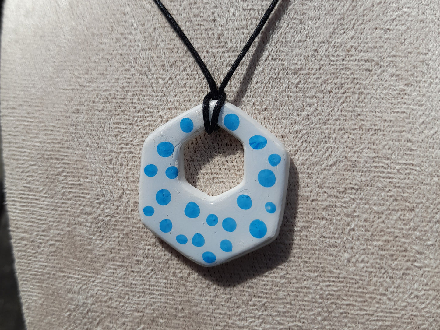 white & blue dotted hexagon clay necklace