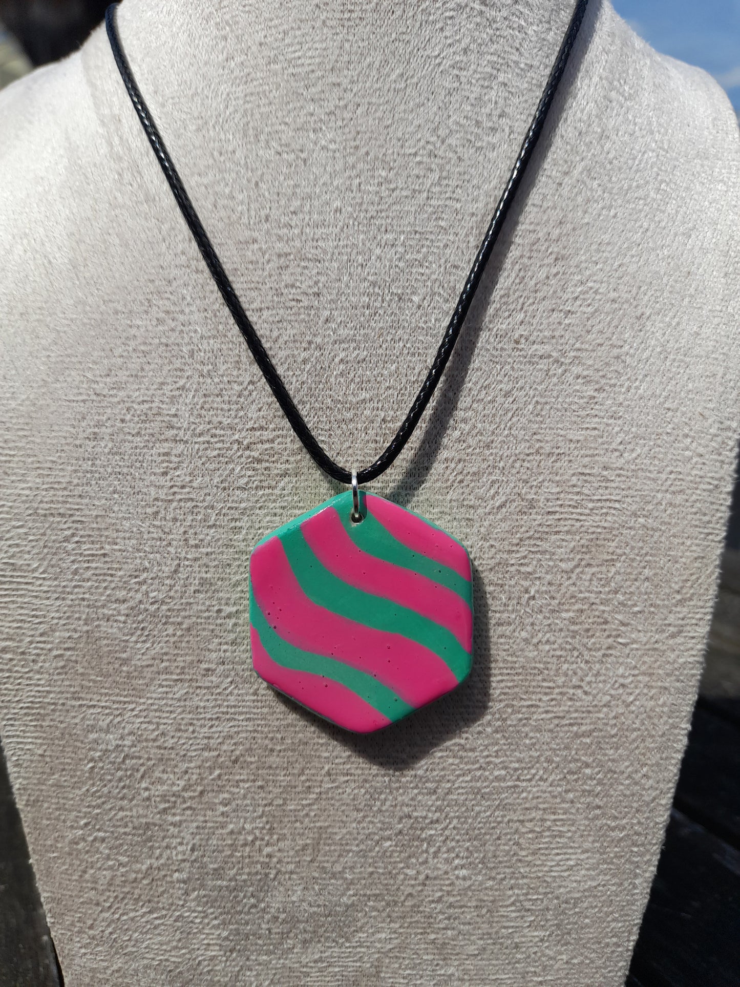 pink & green wavy hexagon clay pendant cord necklace