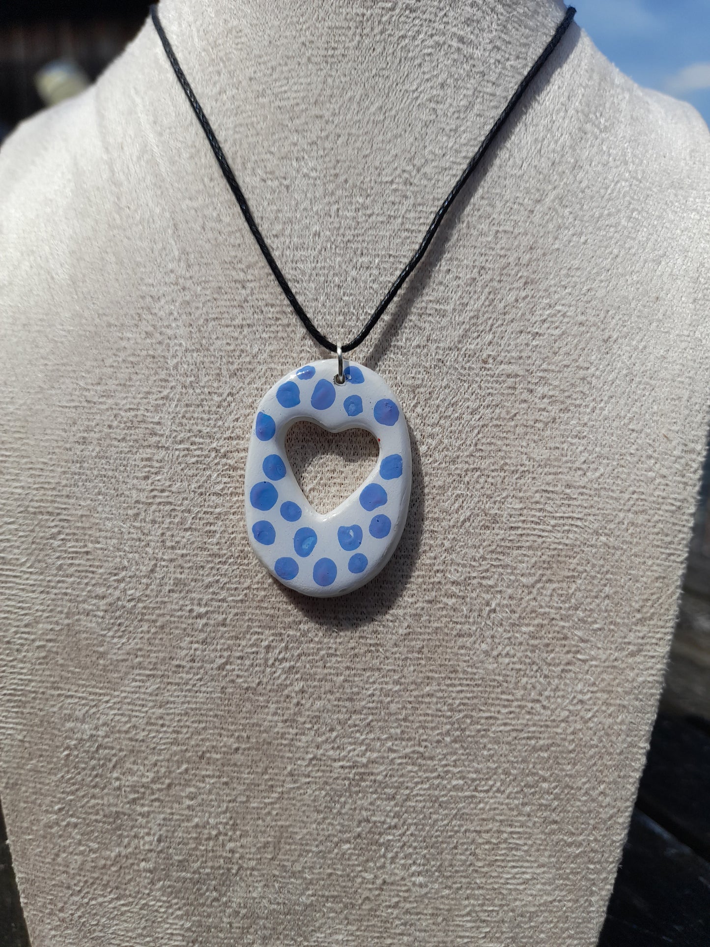 white & blue dots oval heart pendant cord necklace