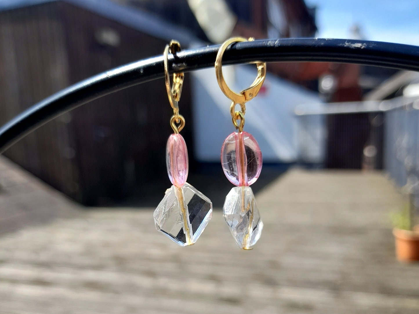 pink and clear bead gold huggie hoops