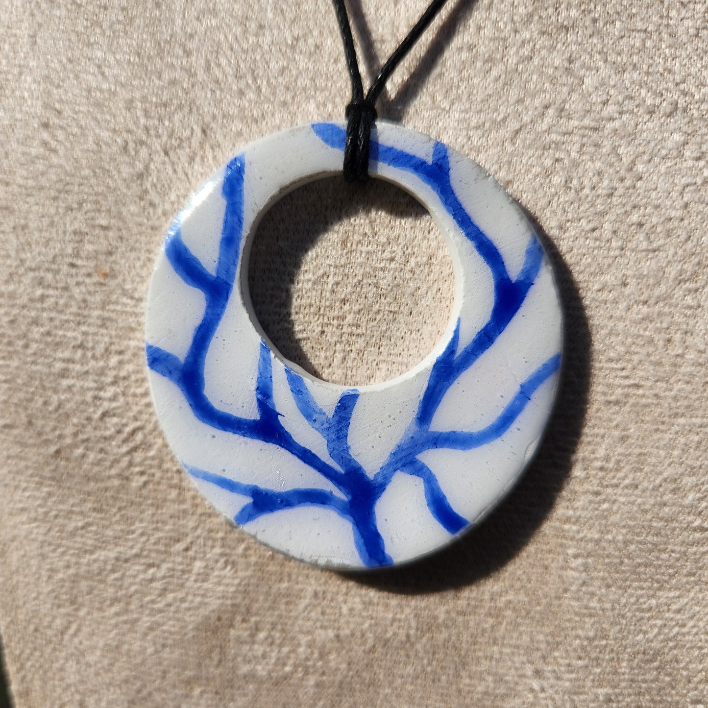 white and blue branches clay pendant necklace