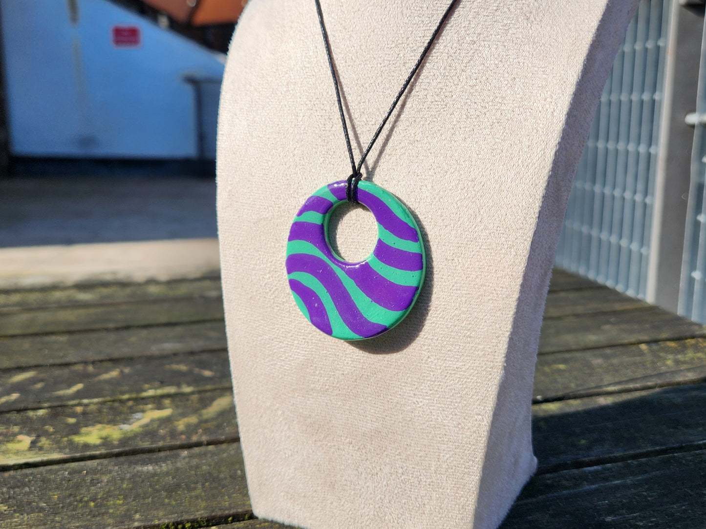 wavy green and purple clay pendant necklace