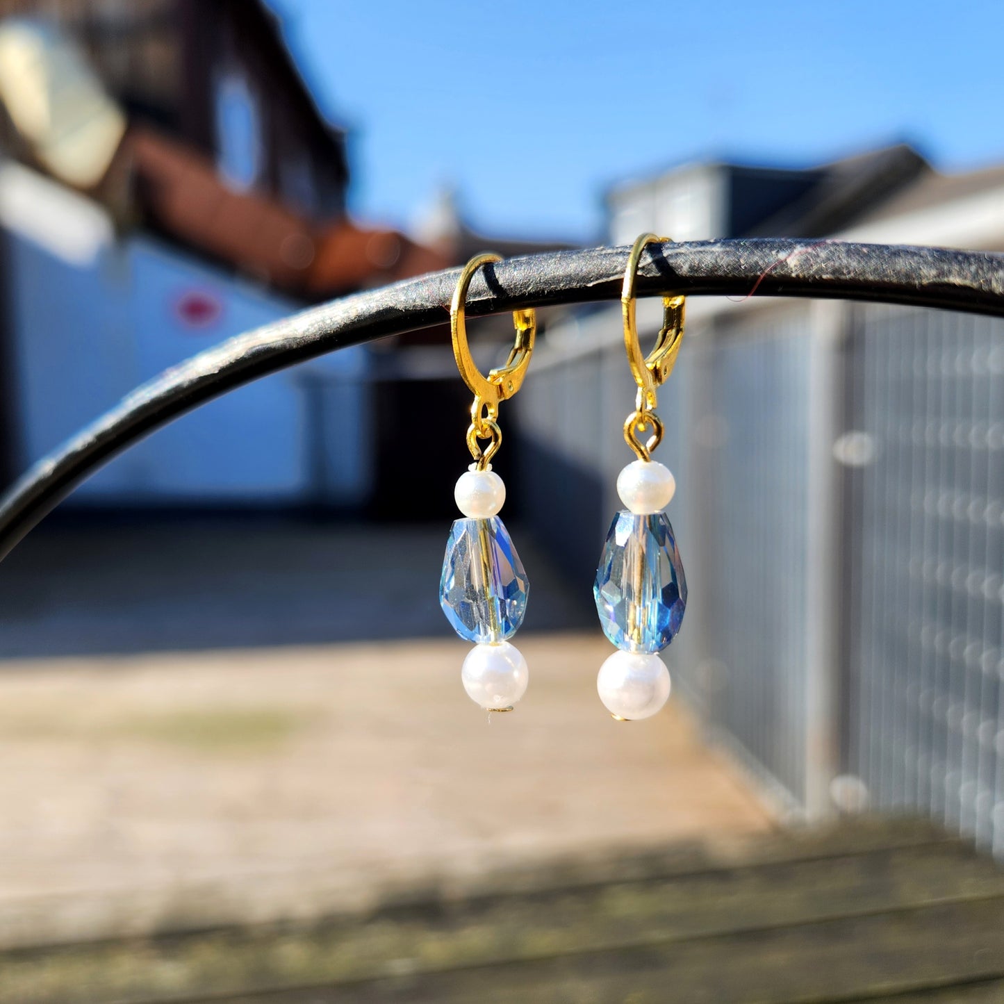 white and blue beaded gold huggie earrings