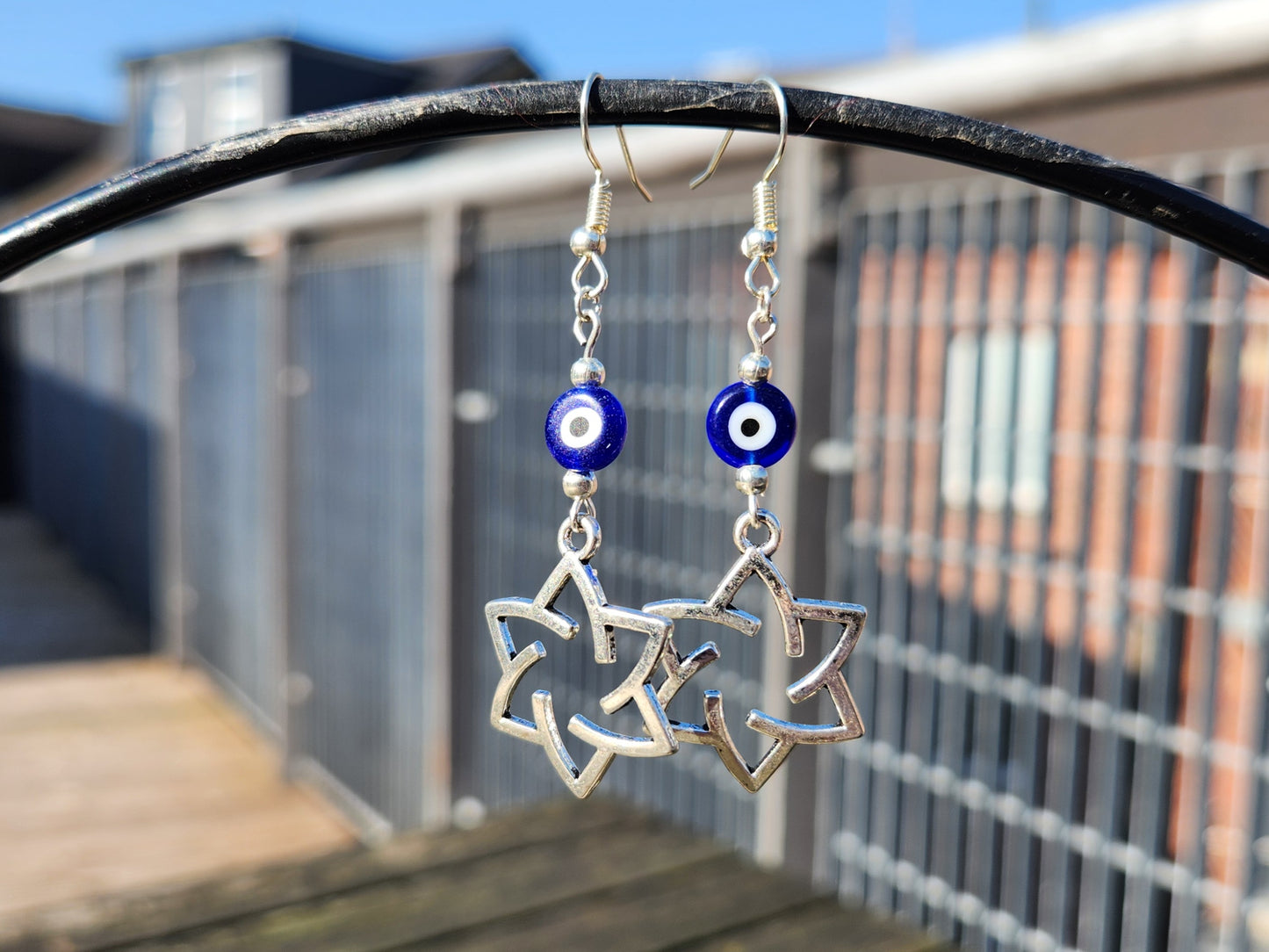 blue evil eye beaded silver star of david earrings