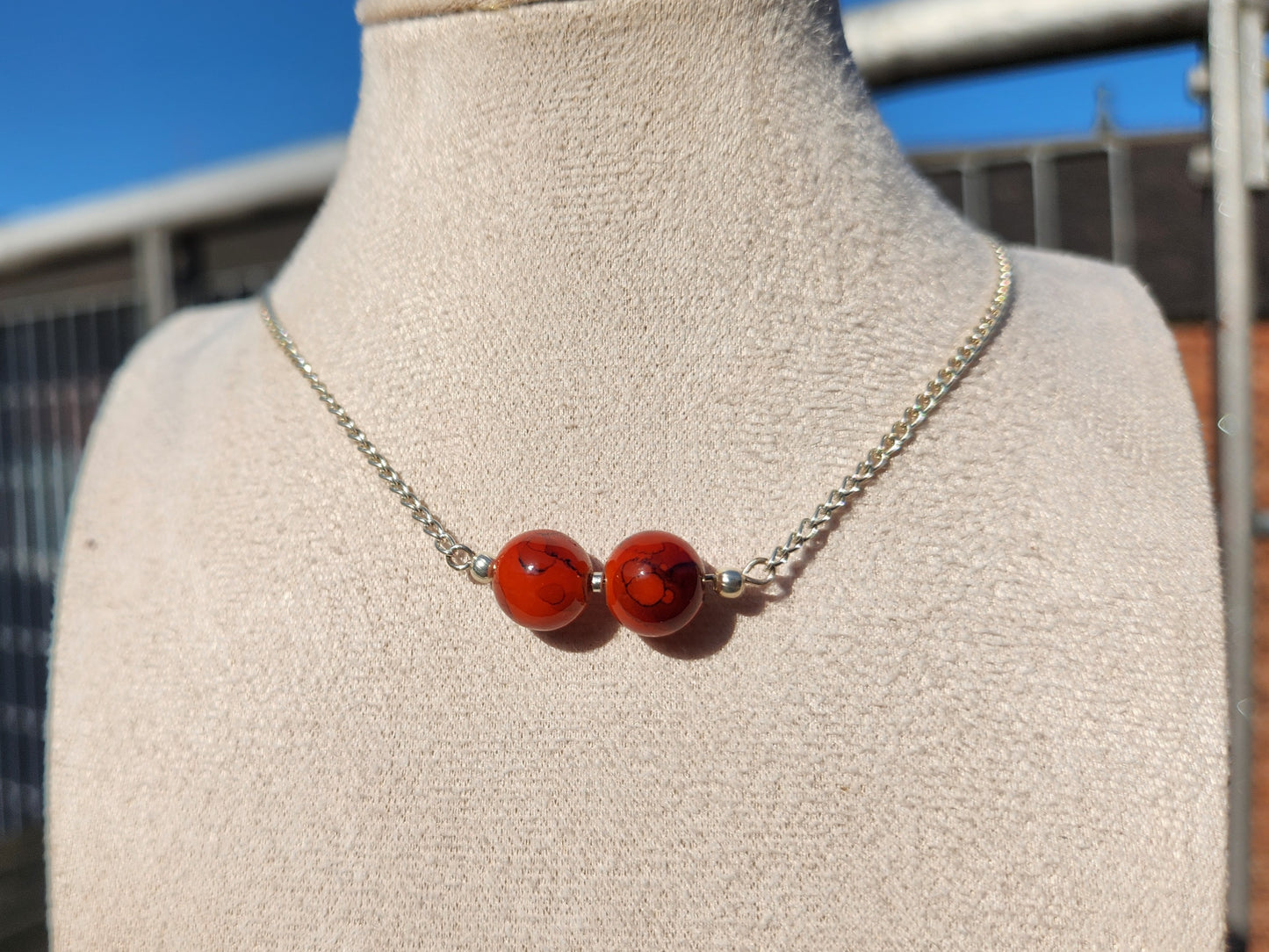 red glass beads silver chain necklace