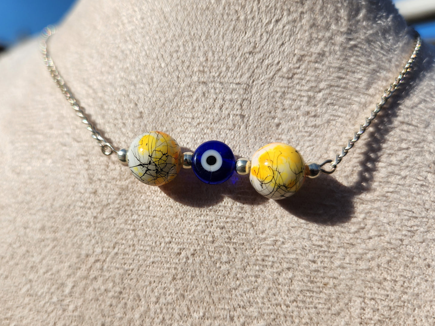 yellow and blue evil eye beaded silver chain choker necklace
