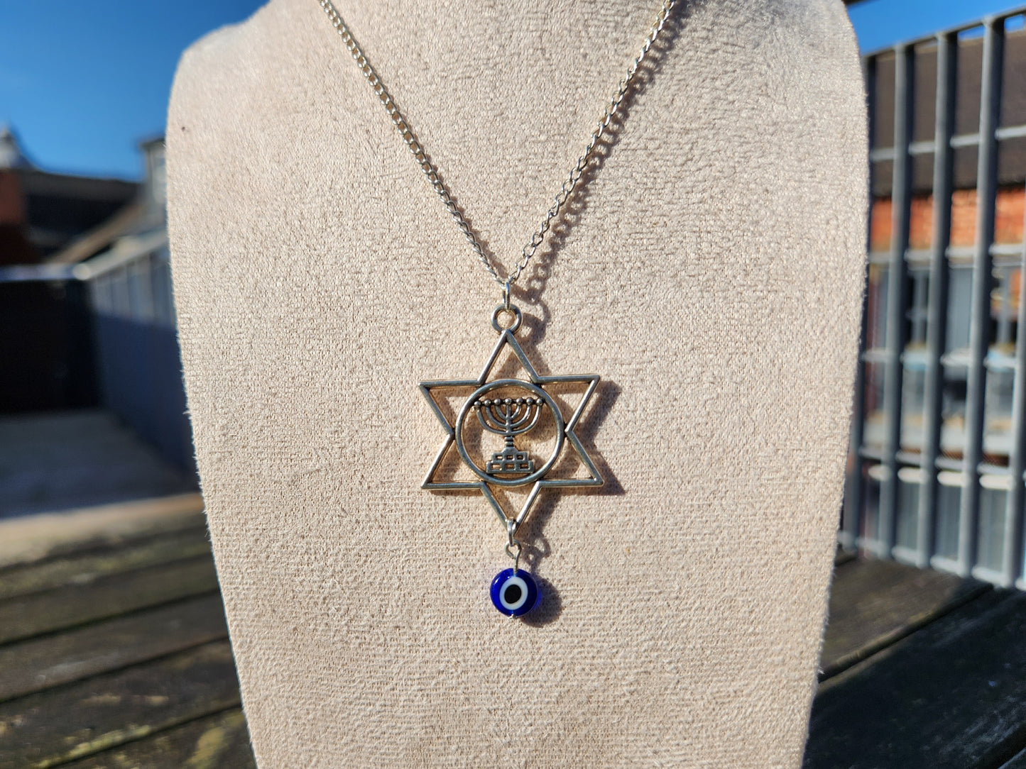 silver star of david and blue evil eye pendant chain necklace