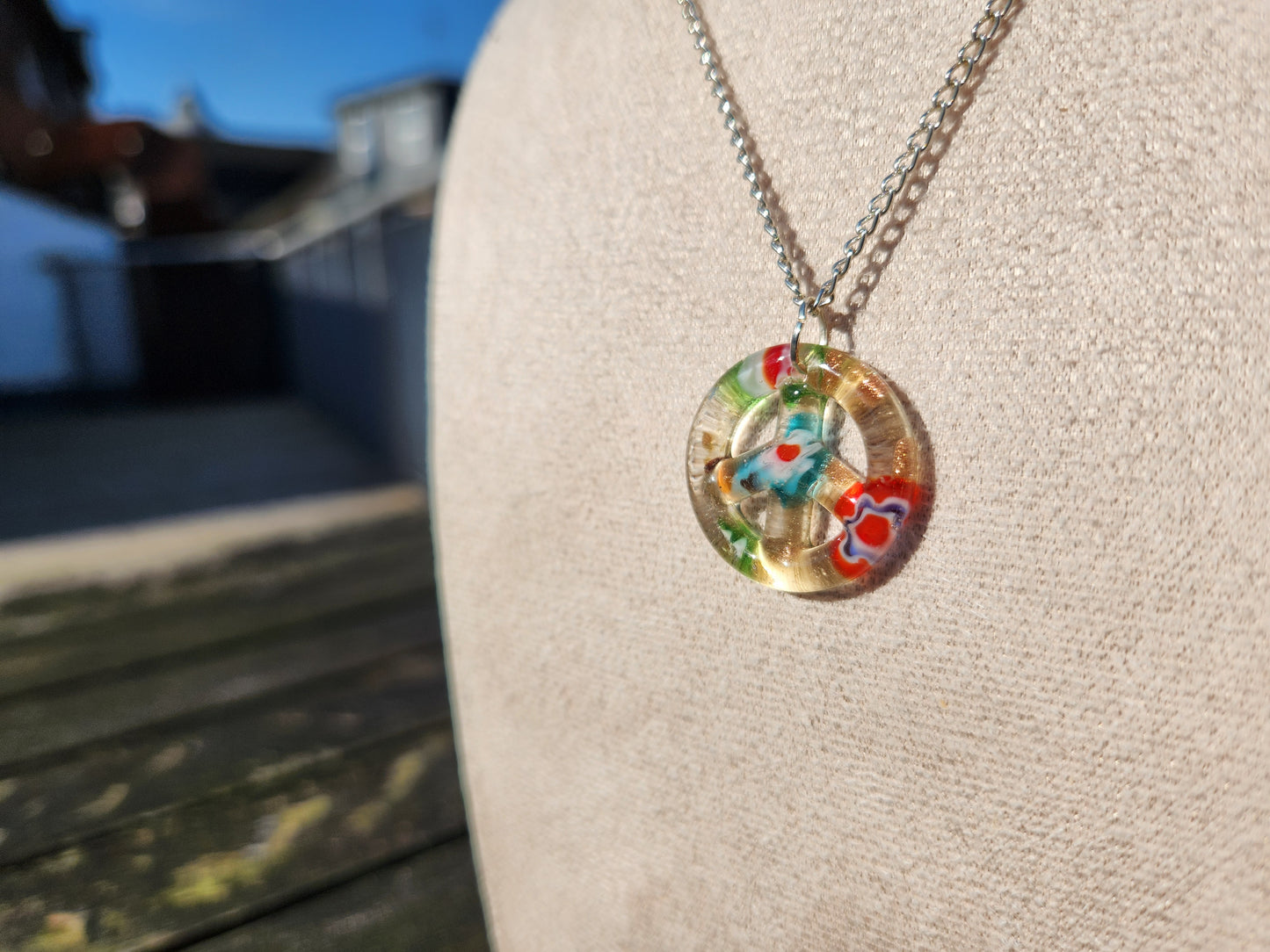 upcycled glass peace charm silver chain necklace