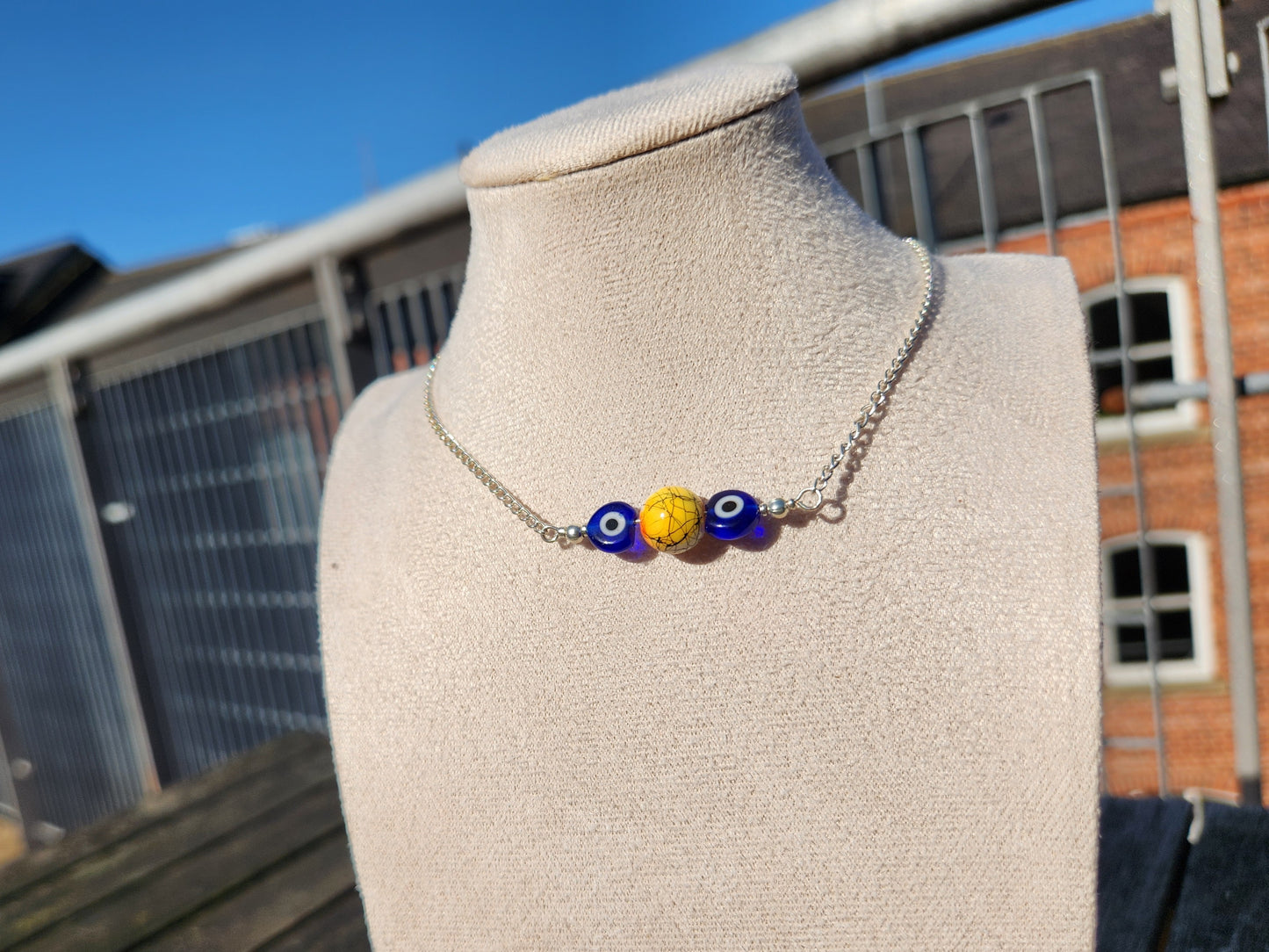blue evil eye and yellow beads silver chain choker necklace