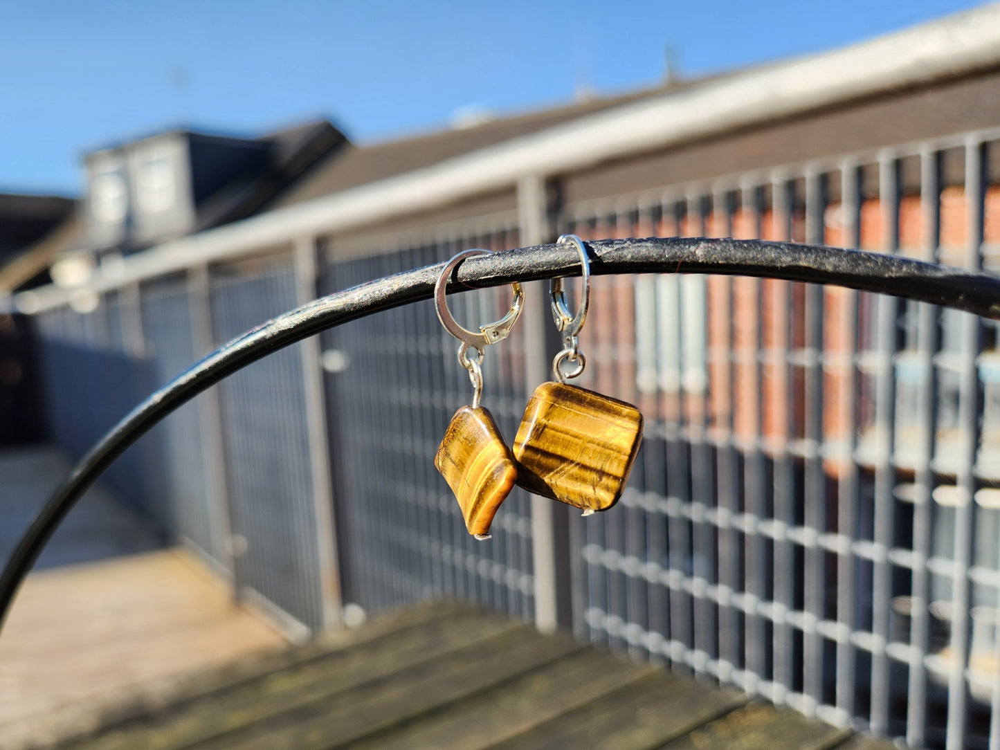 tiger's eye bead silver huggie earrings