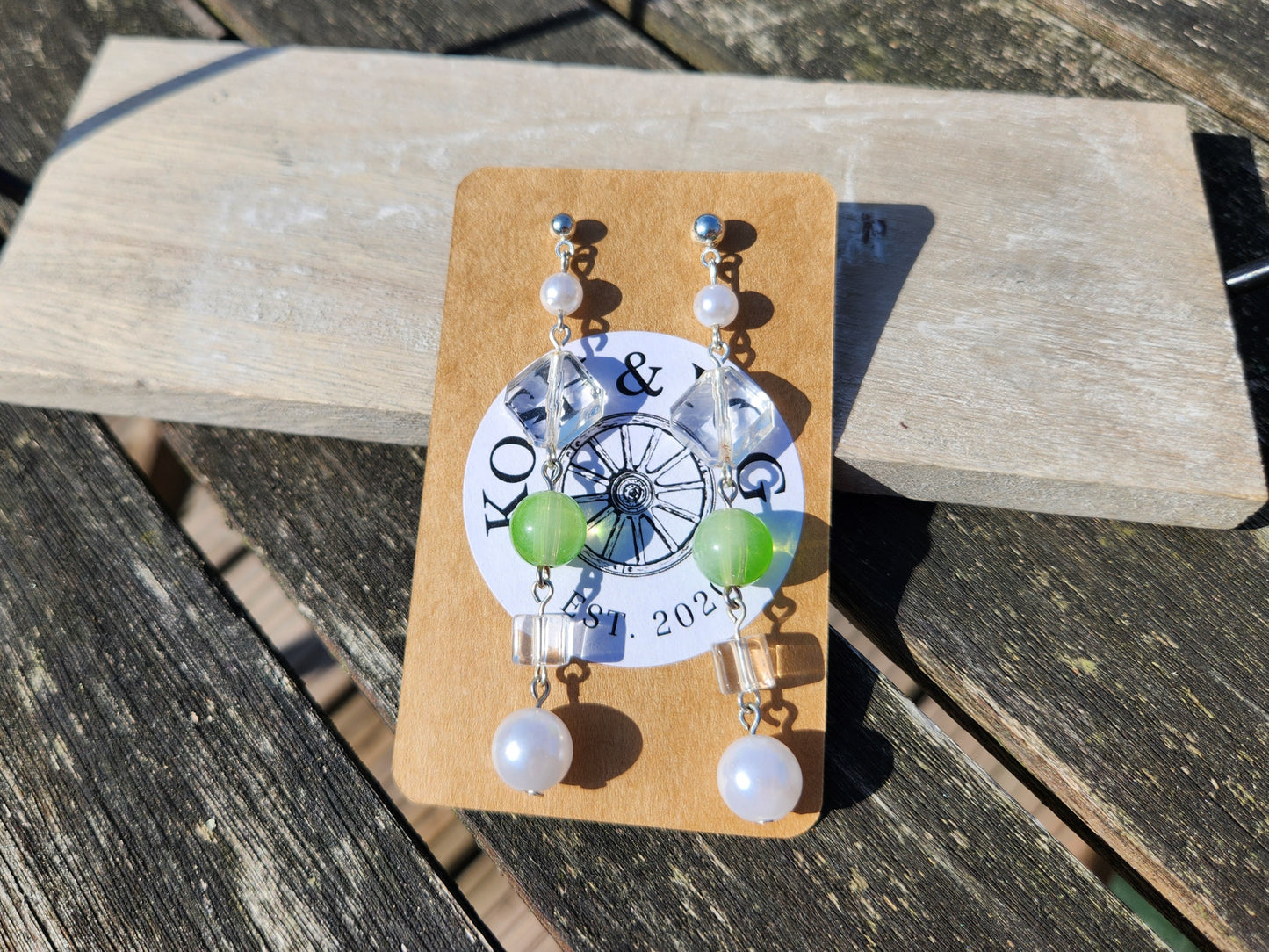 green, white and clear beaded upcycled silver earrings