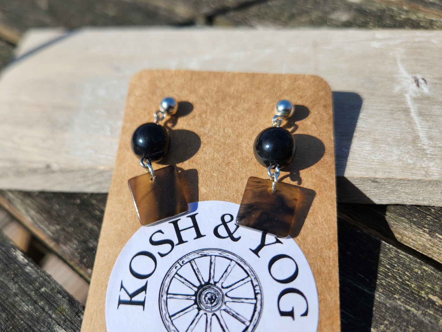 black and brown tortoiseshell and upcycled bead silver earrings