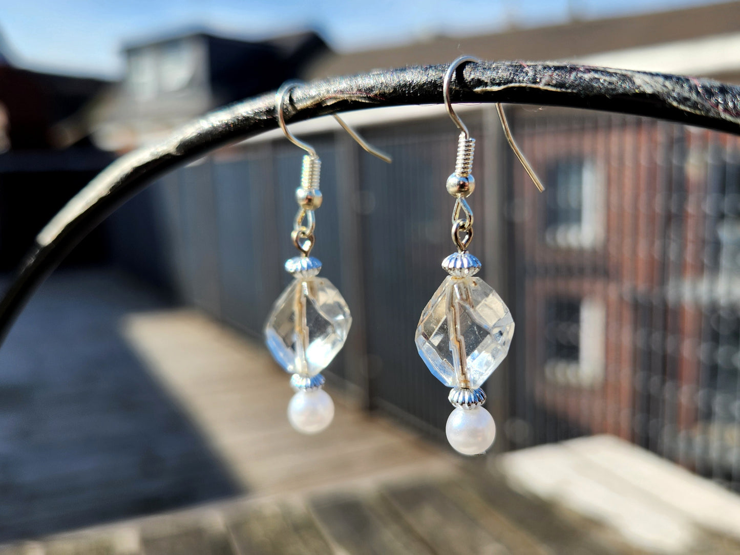 clear pearl upcycled bead silver dangle earrings