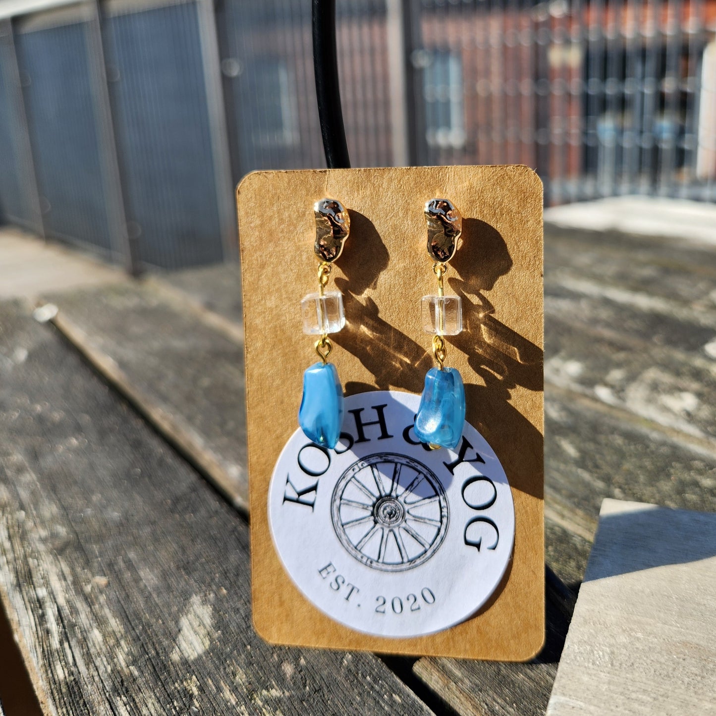 blue and clear upcycled bead gold stud drop earrings