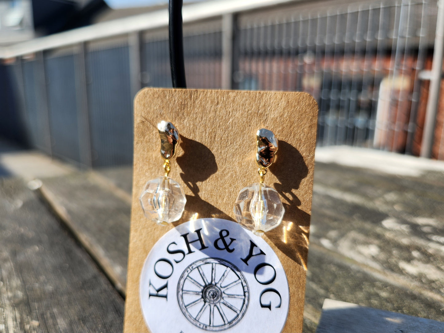 clear upcycled bead gold stud drop earrings