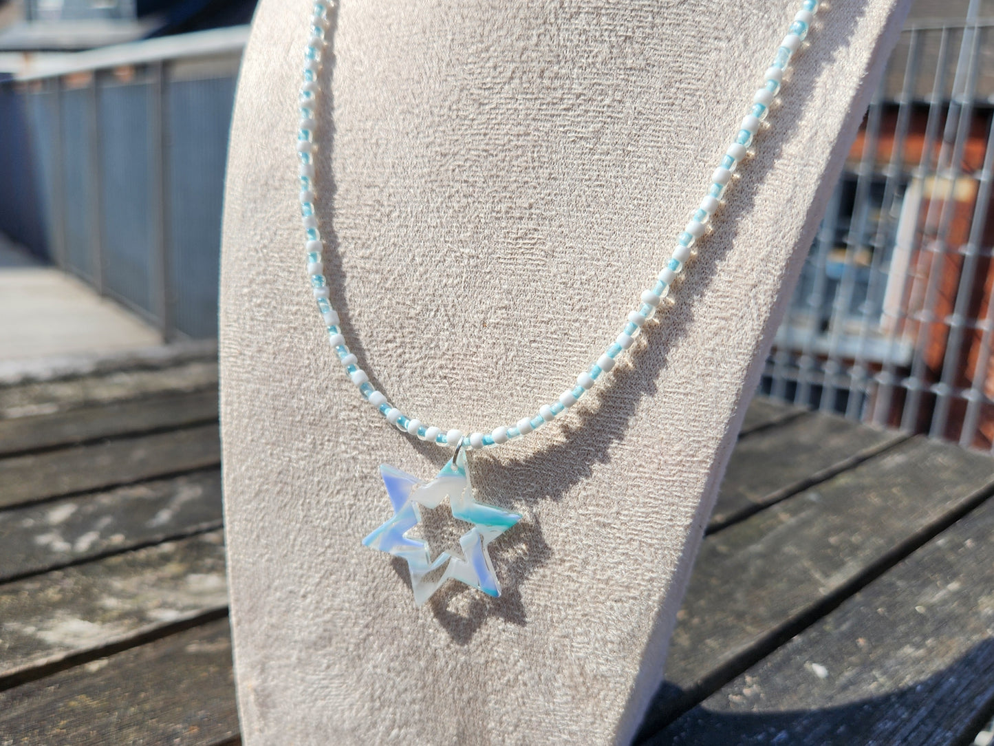 blue and white glass bead star of david pendant necklace