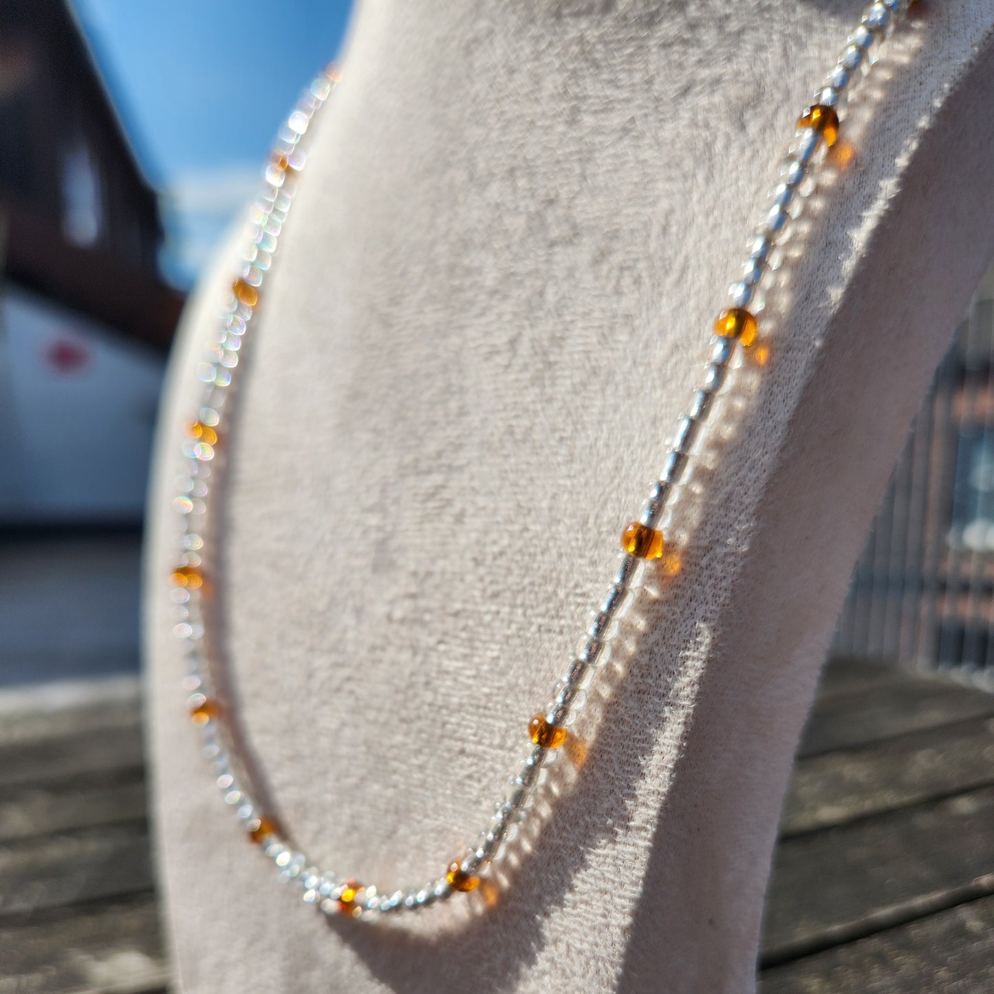 silver and brown glass beaded necklace