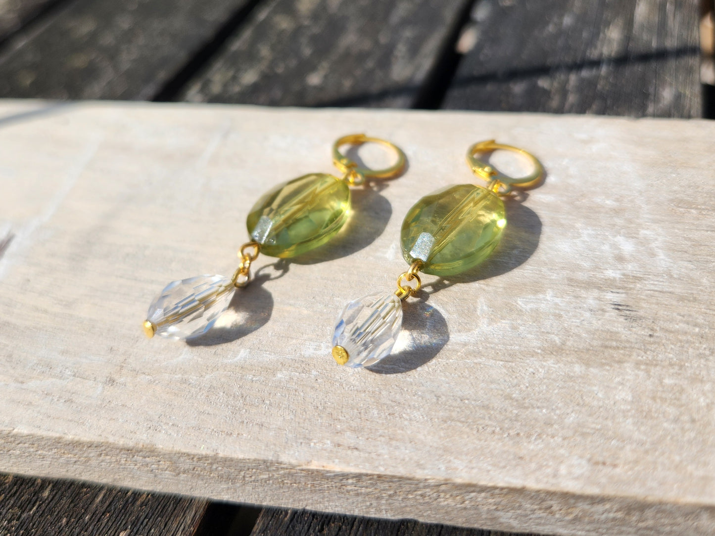 green and clear beaded gold huggie hoop earrings