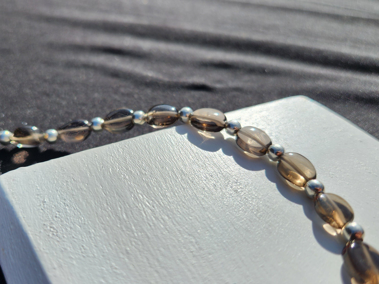 smoky quartz and silver beaded necklace