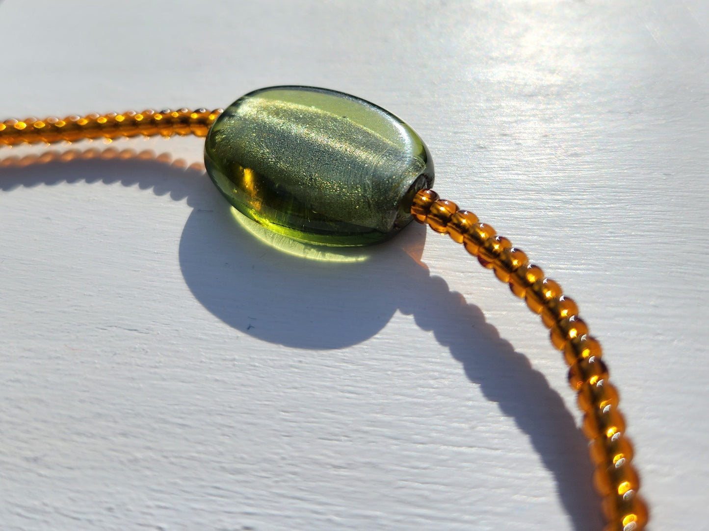 brown and upcycled green glass beaded necklace