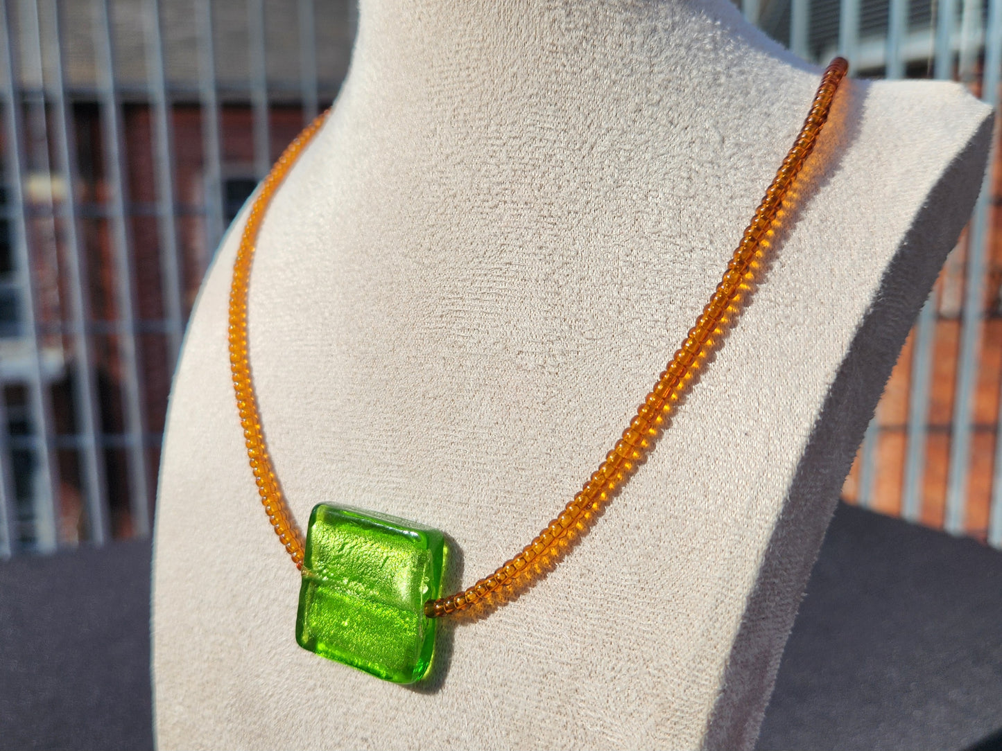 brown and green glass upcycled beaded necklace