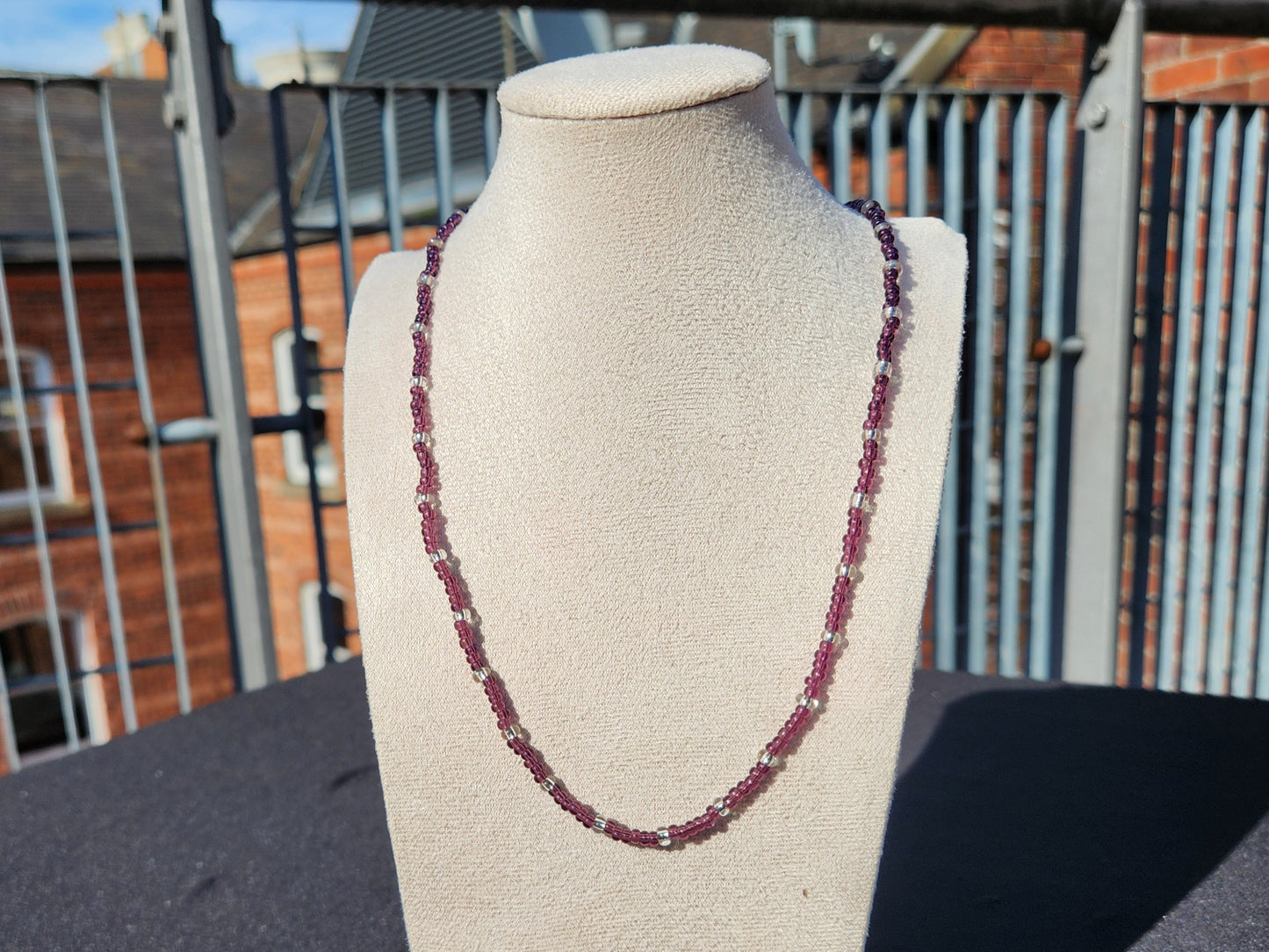 dark purple and silver glass beaded necklace