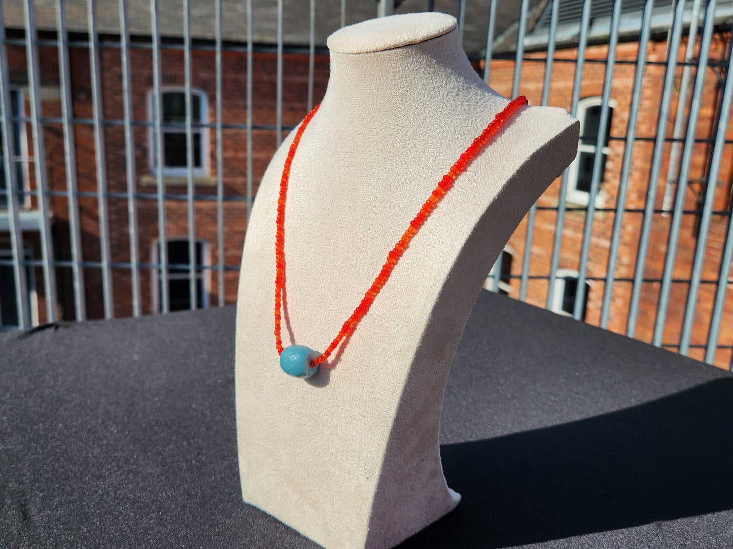 red and teal glass upcycled beaded necklace