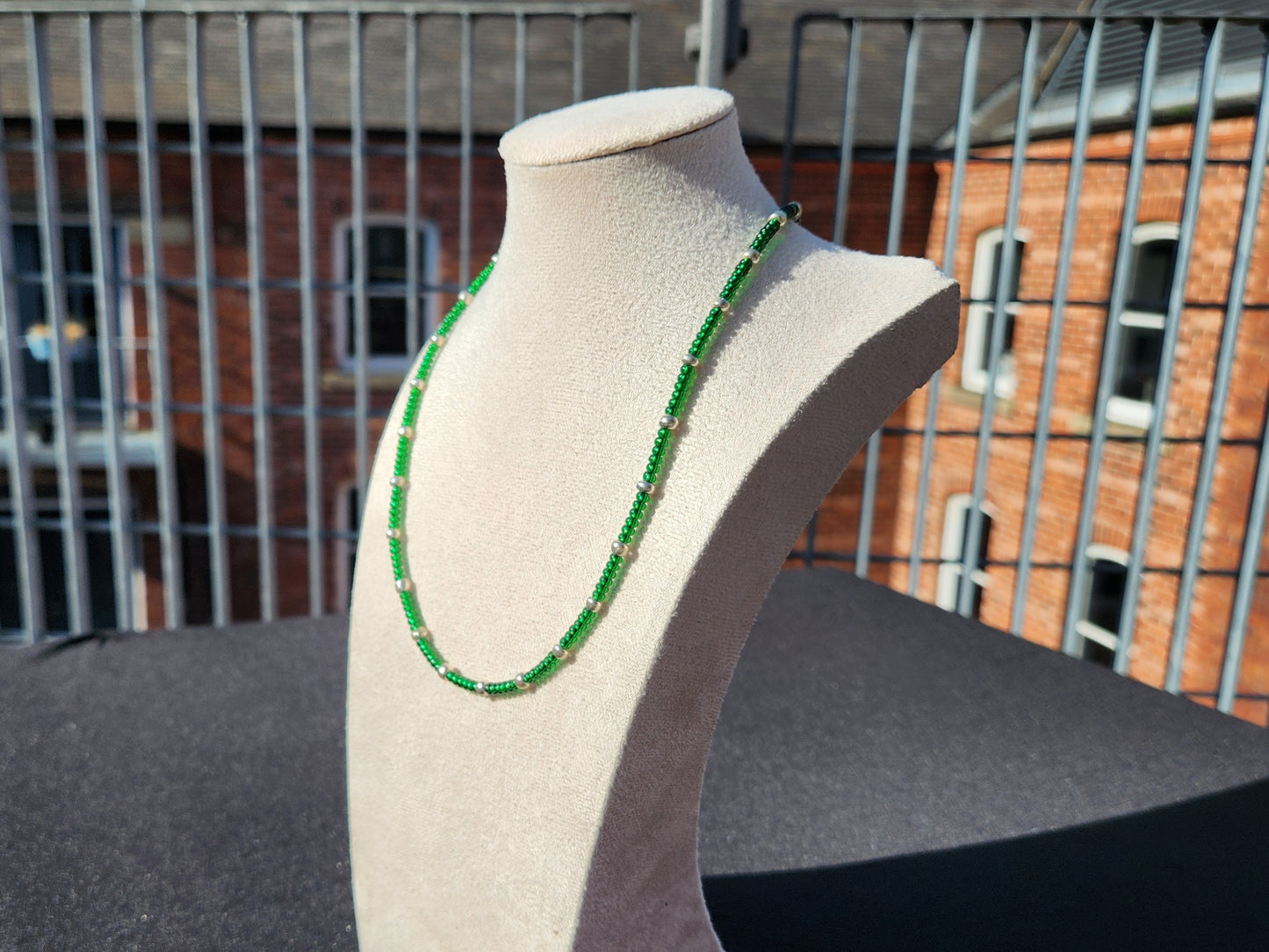 green and silver glass beaded necklace