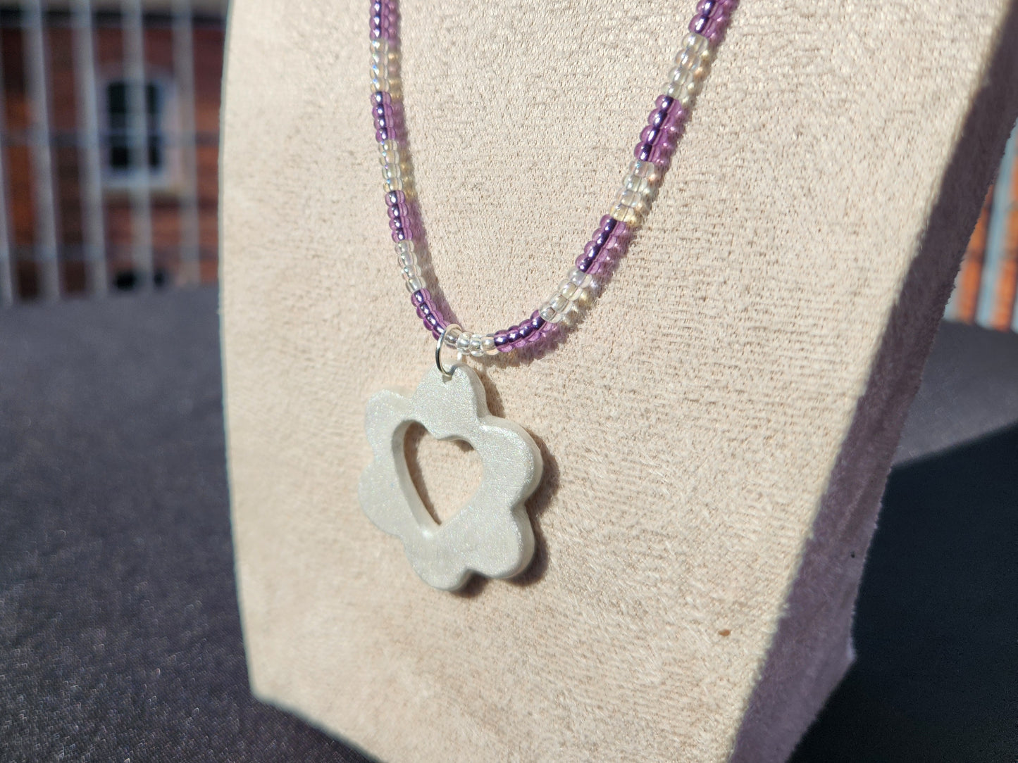 purple and iridescent glass beaded silver heart flower pendant