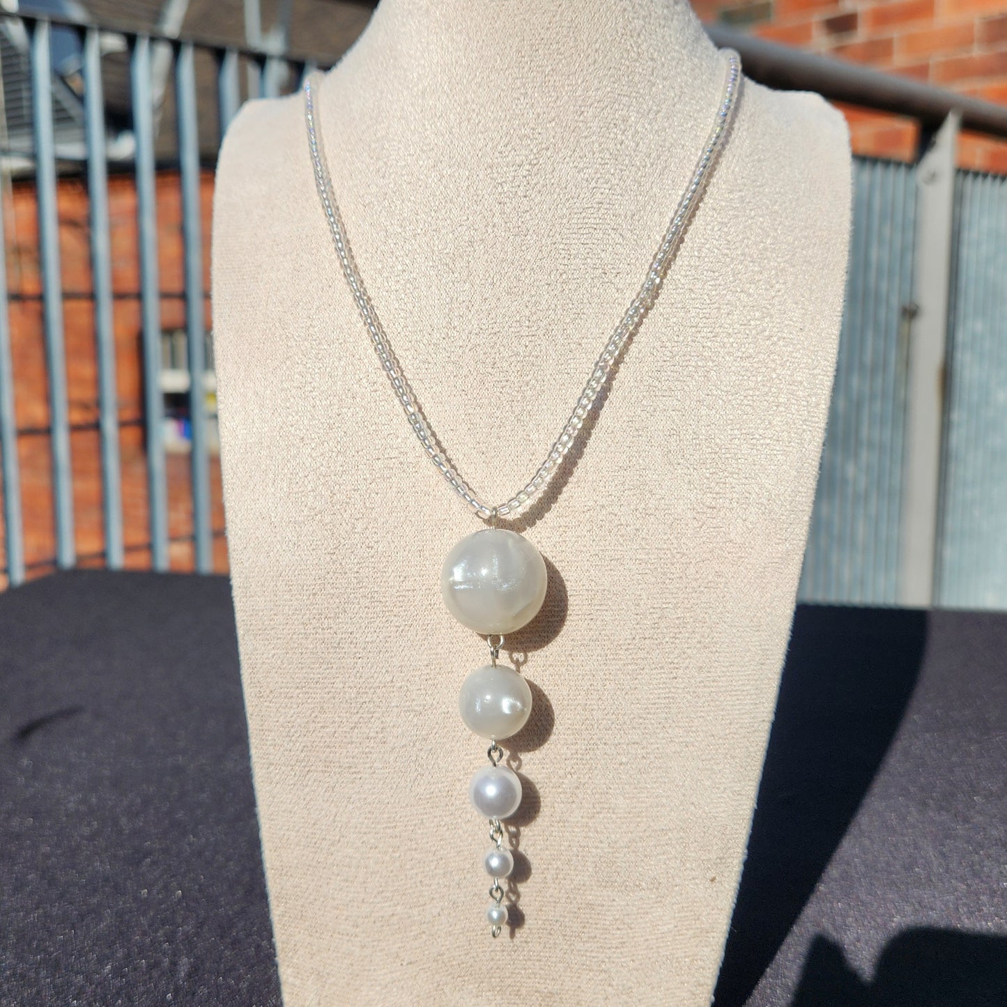 iridescent glass and upcycled pearlescent pendant beaded necklace