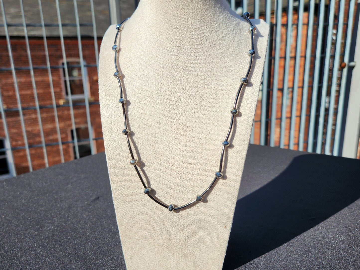 silver upcycled curve tube beaded necklace