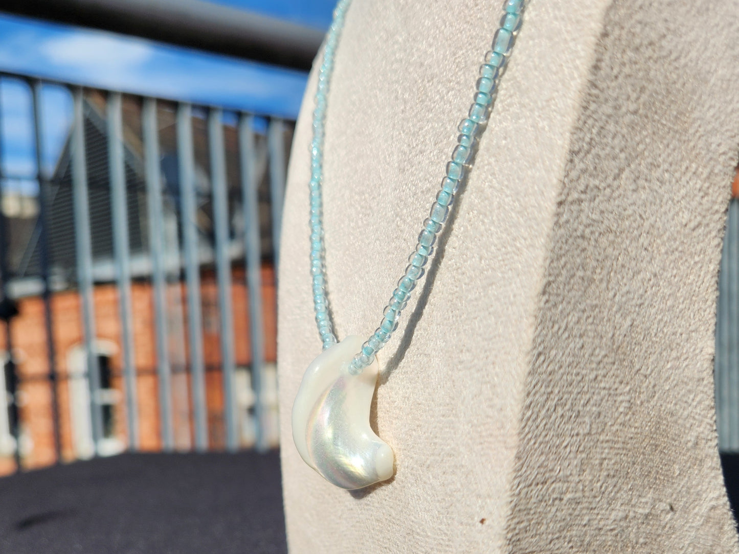 pale blue glass beaded shell pendant necklace