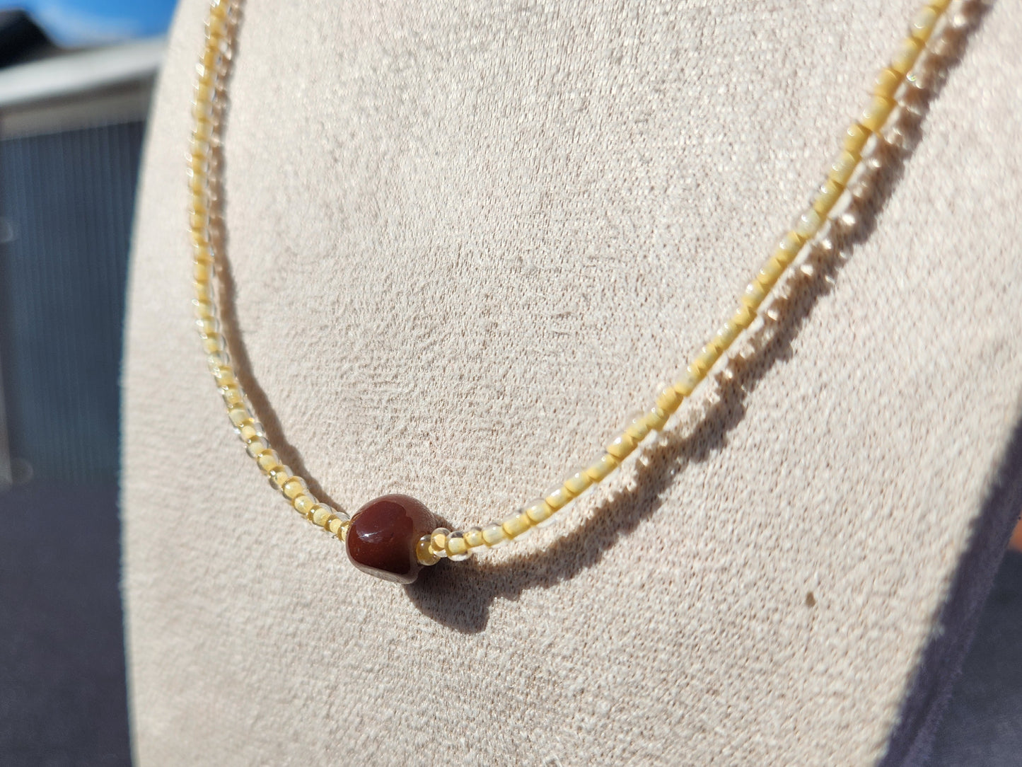 yellow and brown upcycled glass beaded necklace