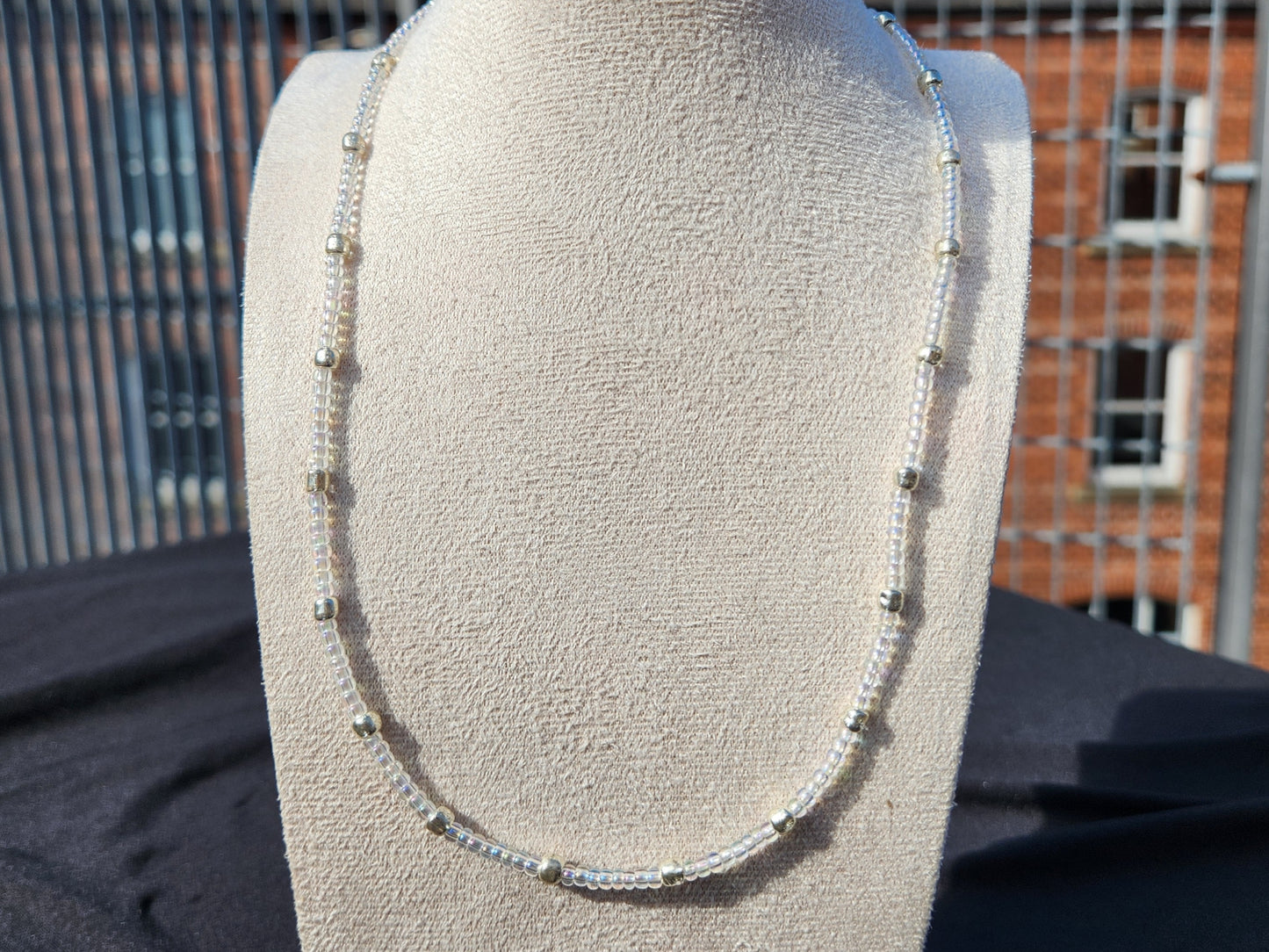 clear iridescent and silver glass beaded necklace