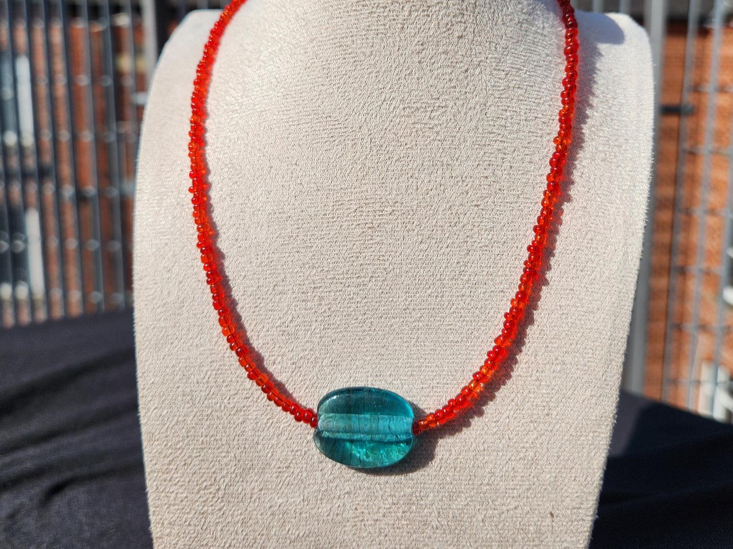 blue and red upcycled glass beaded necklace