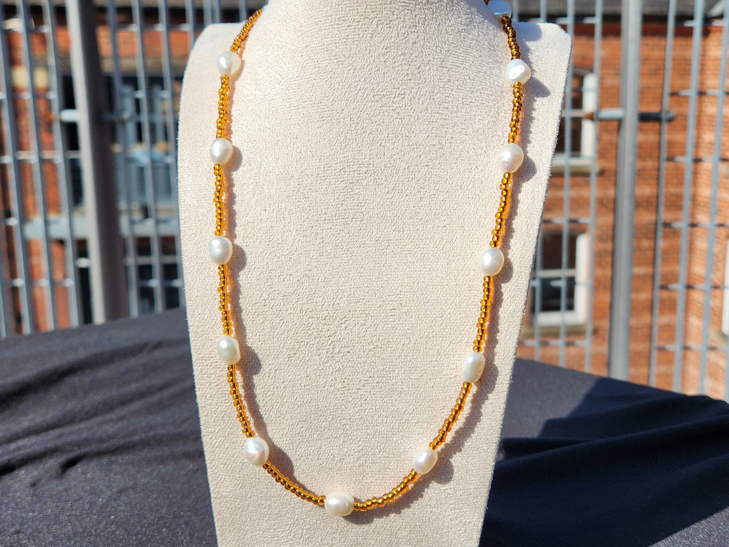 brown glass freshwater pearl beaded necklace