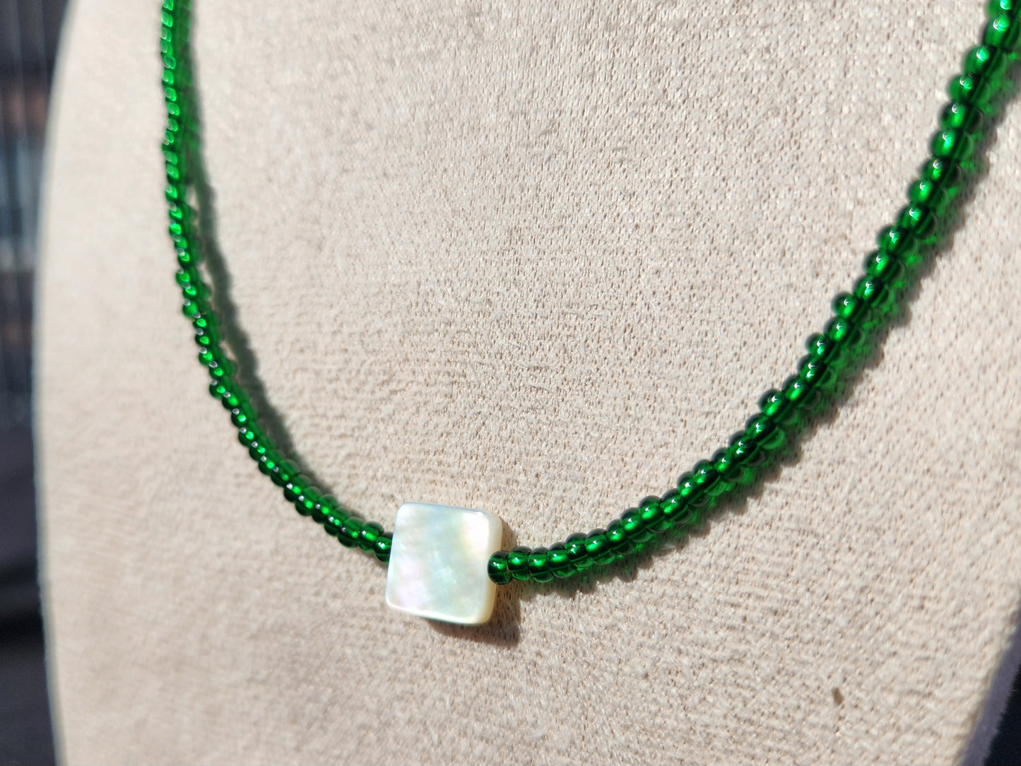 mother of pearl green glass beaded necklace