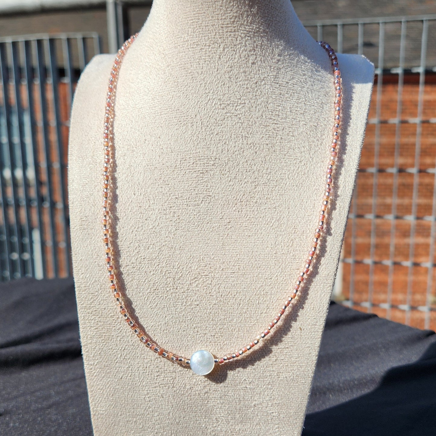 mother of pearl peach glass beaded necklace