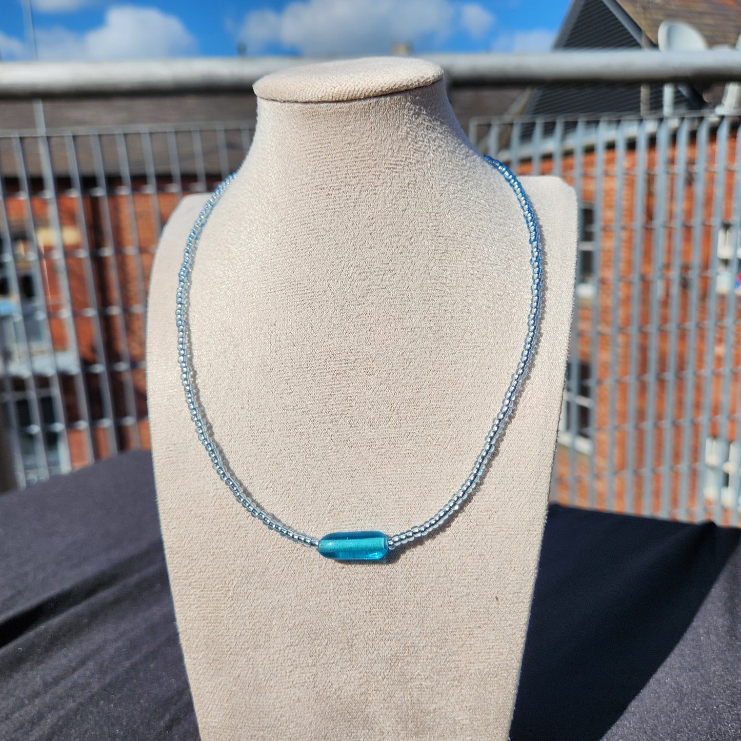 blue glass upcycled beaded necklace