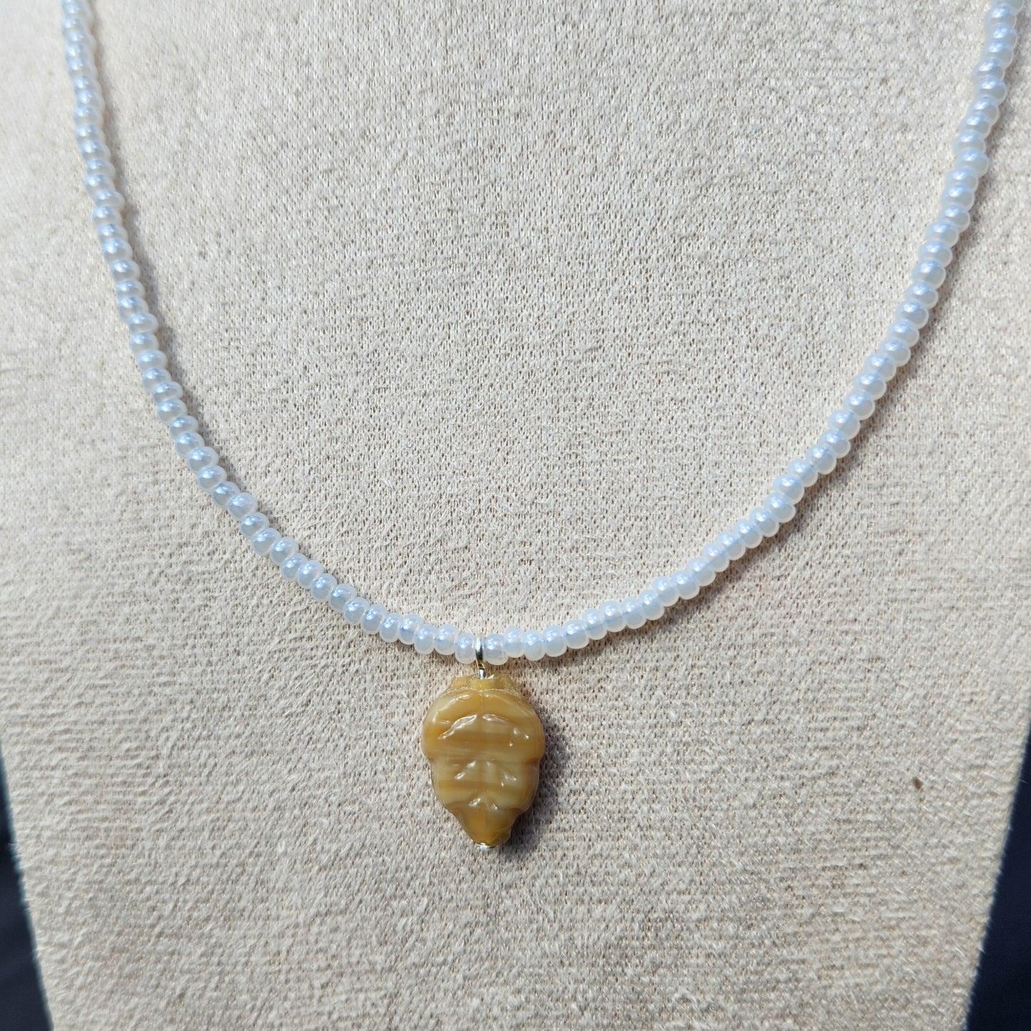brown leaf upcycled glass cream beaded necklace