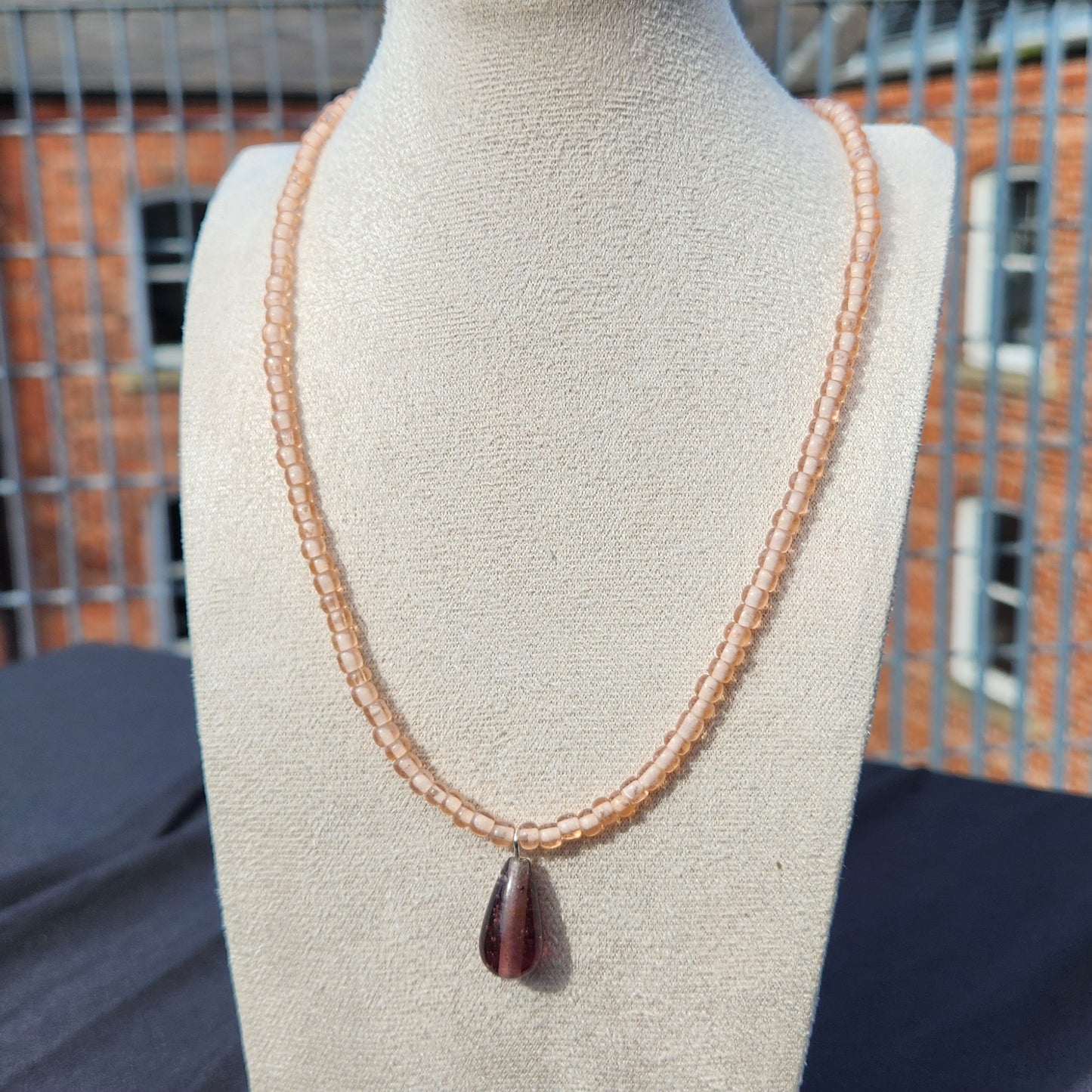 peach and purple upcycled glass beaded necklace