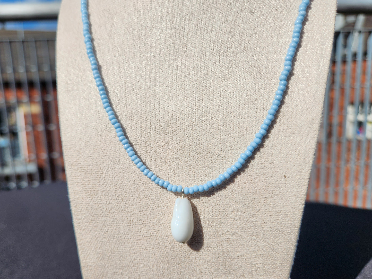 blue and white upcycled glass beaded necklace