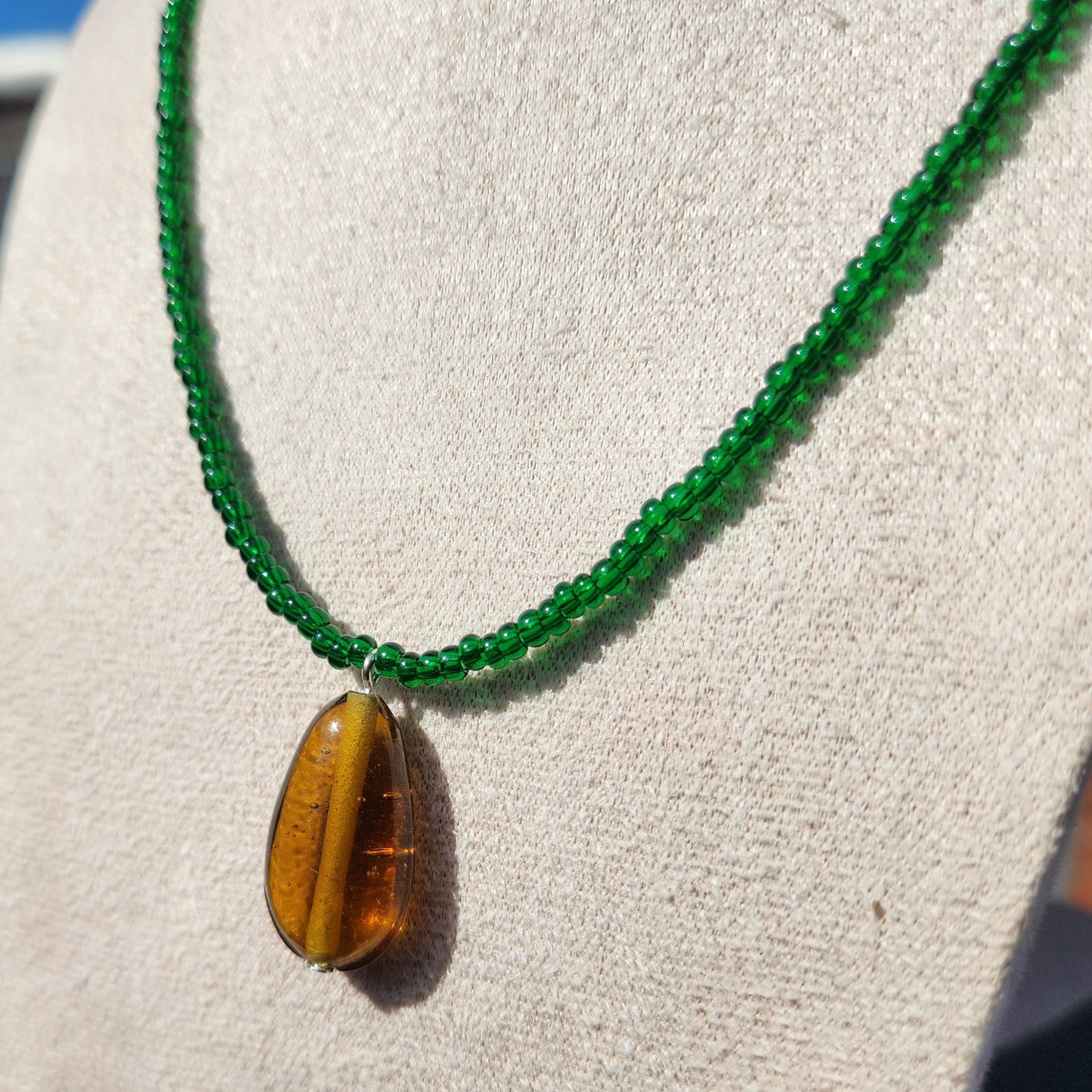 green and brown upcycled glass beaded necklace
