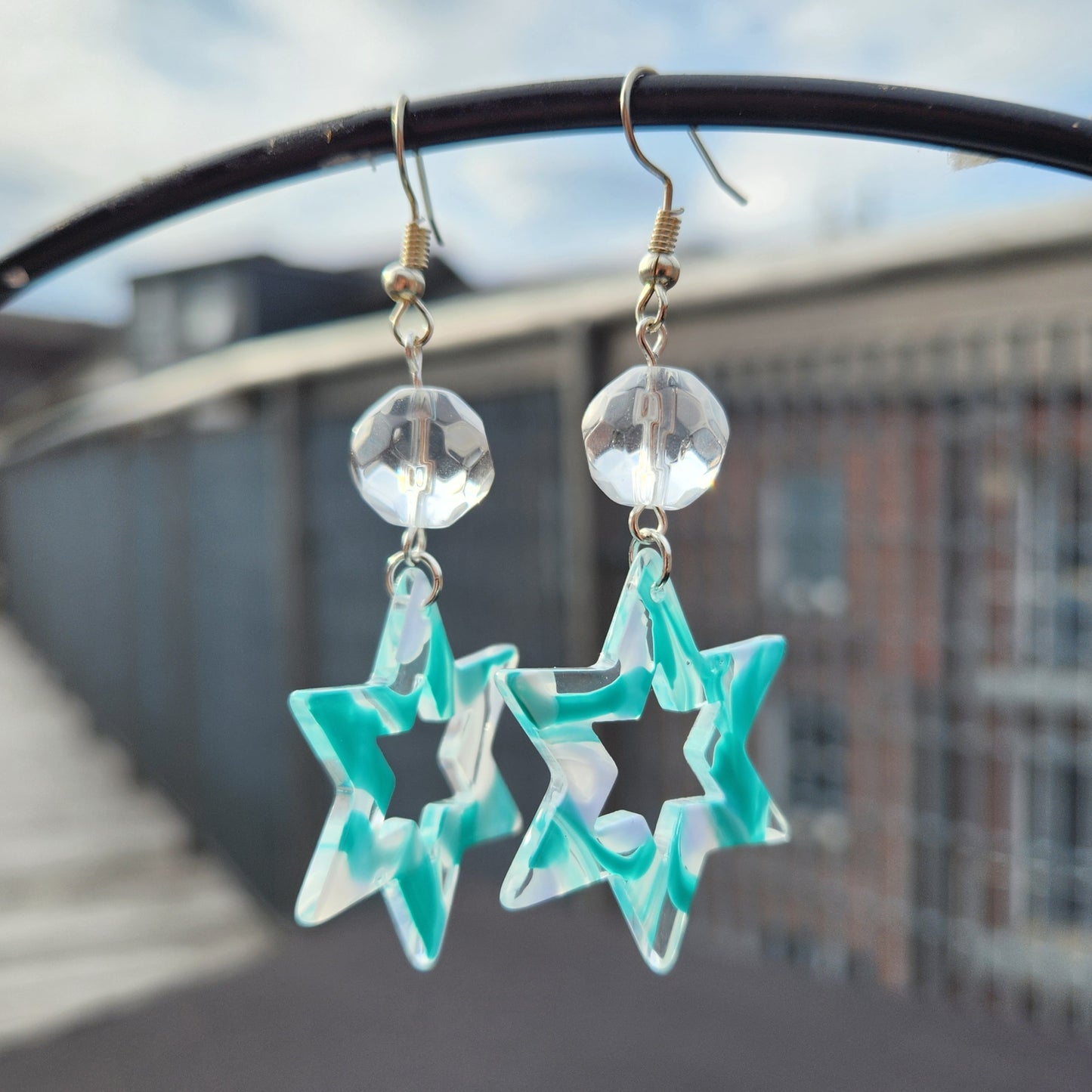 blue star of david clear bead silver earrings