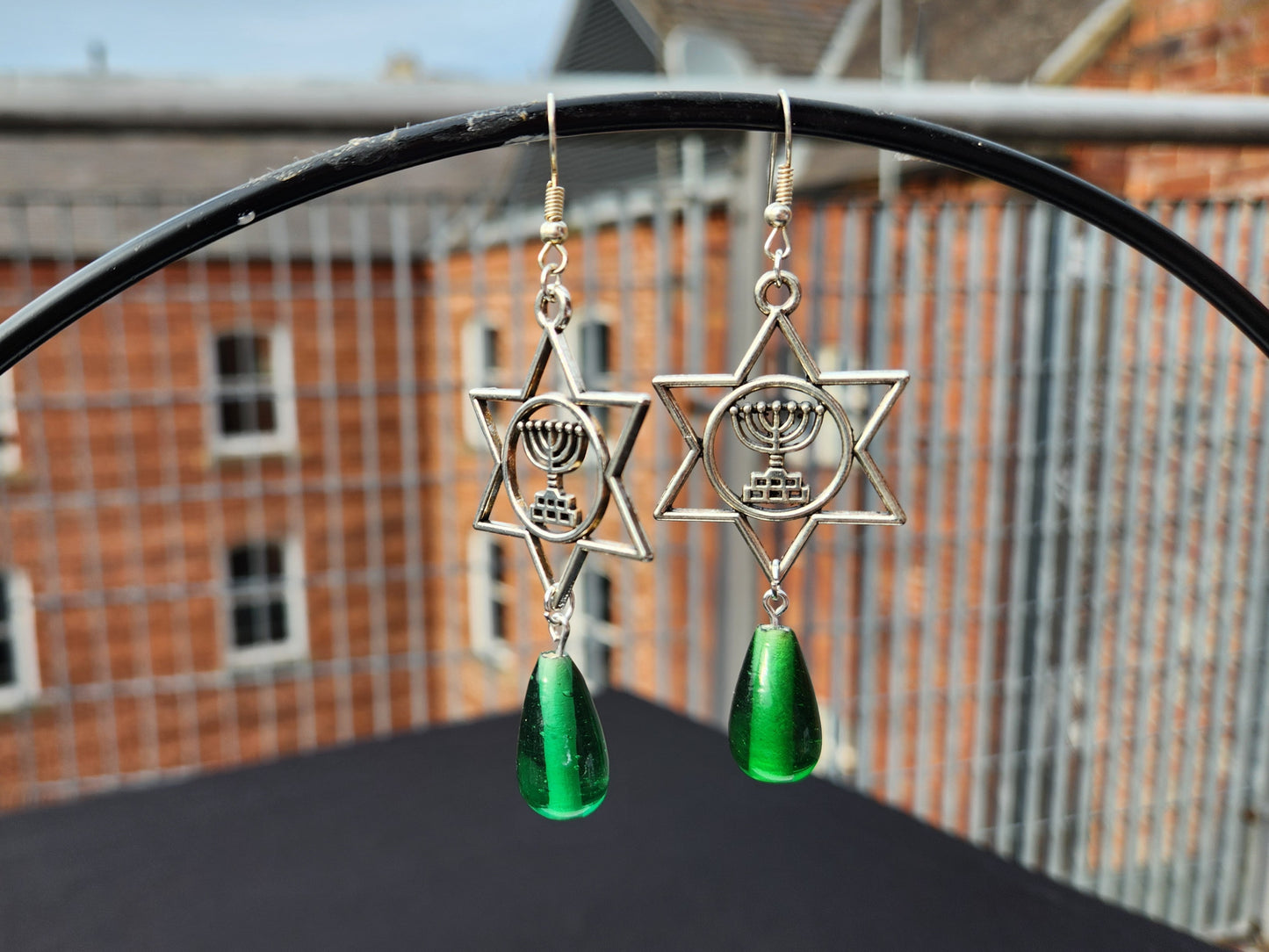 green upcycled glass silver star of david earrings