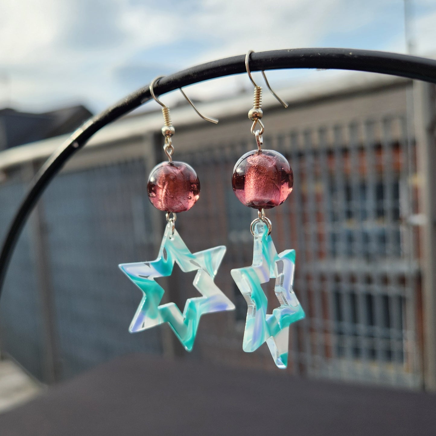 blue and purple star of david earrings
