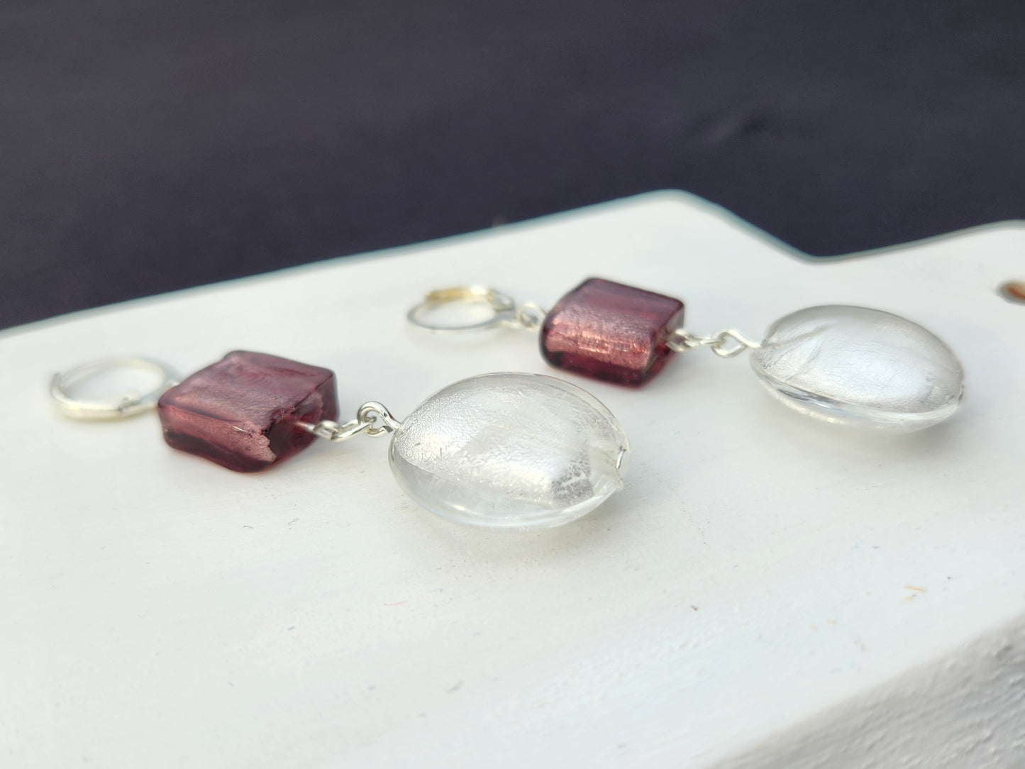 purple and white upcycled glass silver huggie earrings