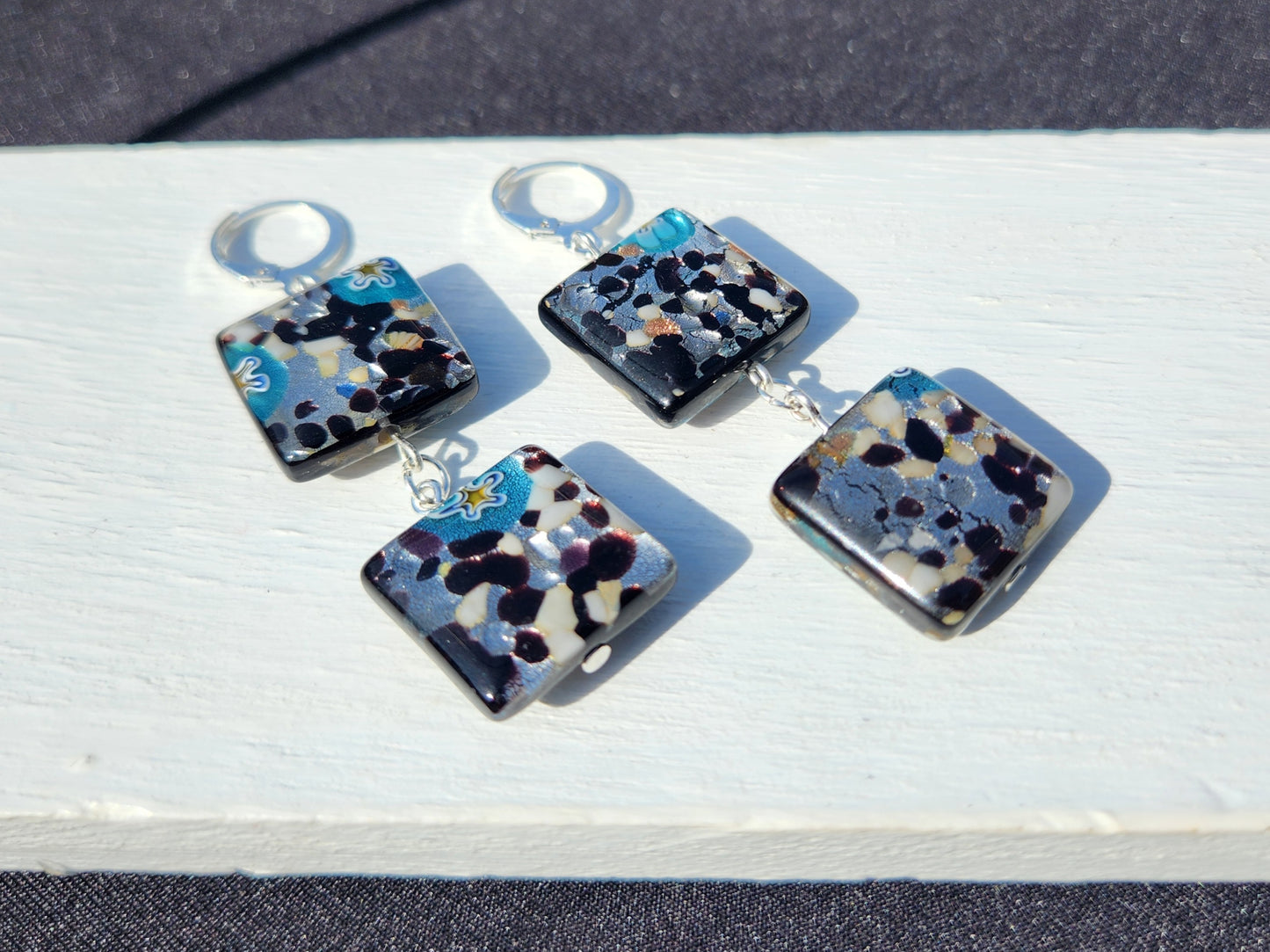 abstract square upcycled glass silver huggie earrings