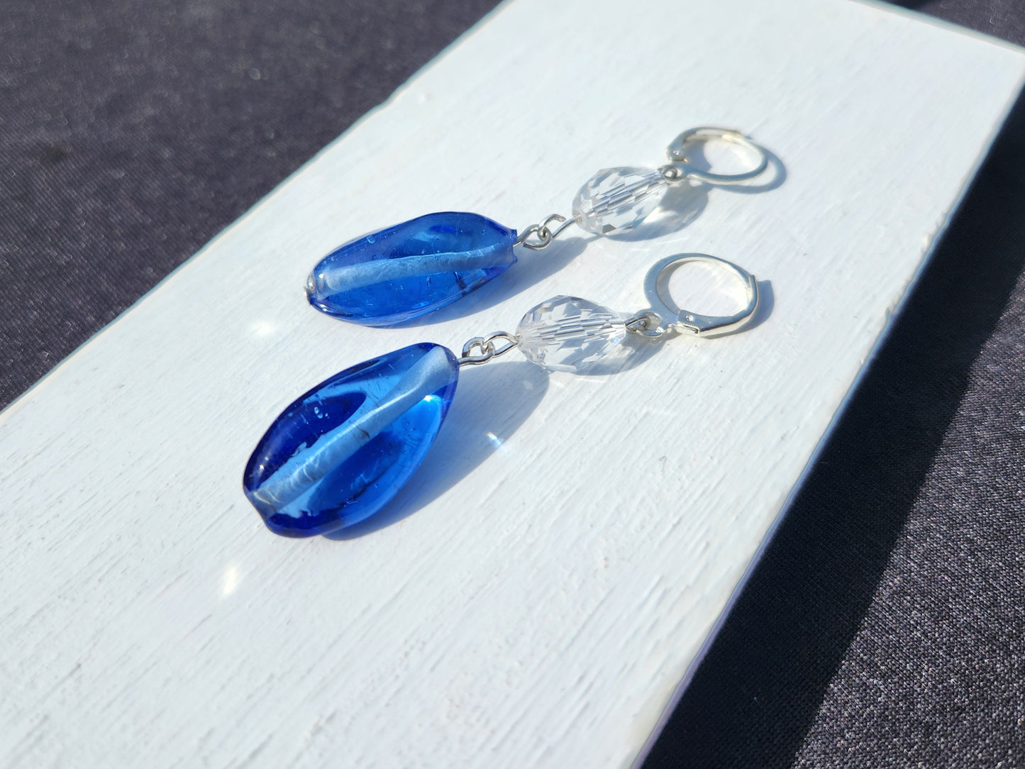 blue and clear upcycled glass silver huggie earrings