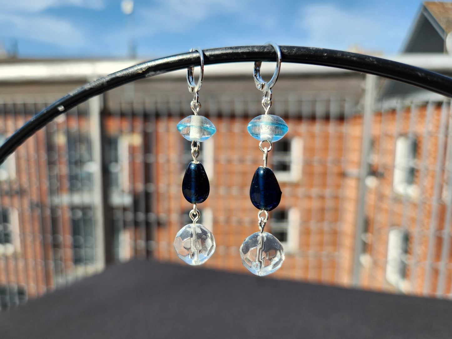 upcycled blue glass dangle silver huggie earrings